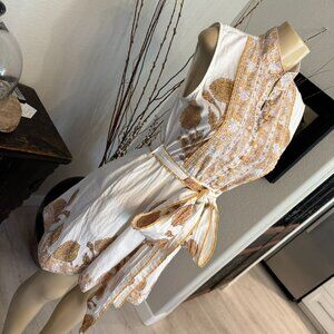 SUE SARTOR Hand Made Block Printed Brown&Cream Floral&Vines FLOUNCE DR.